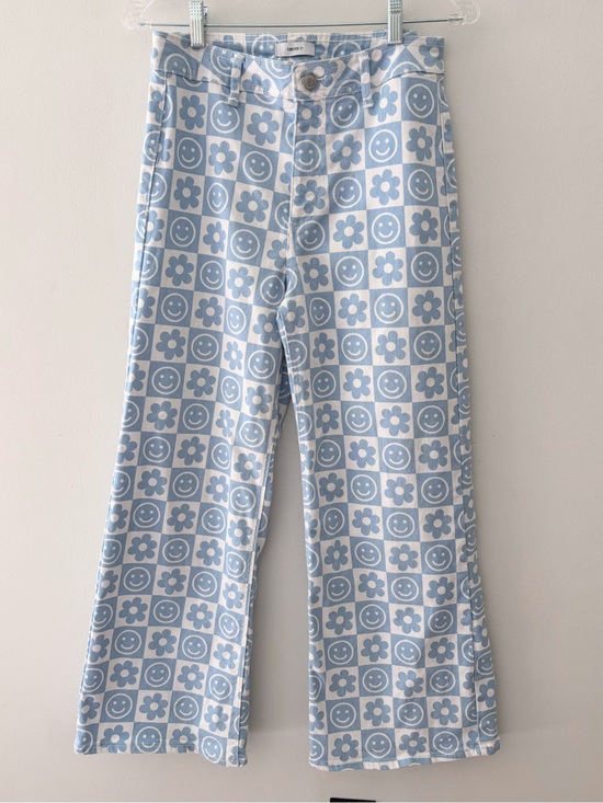 Forever 21 Pants - Forever 21 blue white checkered smiley face flower 70’s wide leg jean pants 27